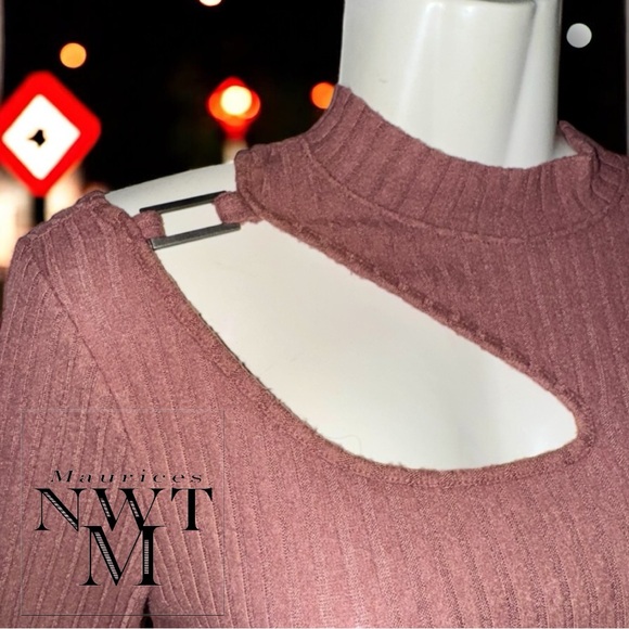 Maurices Sweater NWT Pink Brown Ribbed Mock Neck Shoulder Cut Out Long Sleeve M - Picture 14 of 16